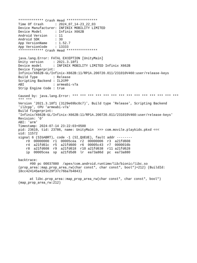 Infinix X662B Unity Crash Report | PDF
