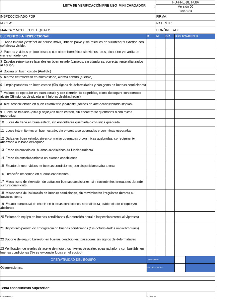 FO PRE DET 004 Check List Mini Cargador | PDF | Tecnología de vehículos ...