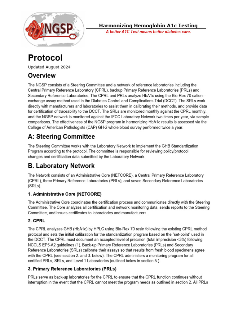 NGSP HbA1c Standardization Protocol | PDF | Glycated Hemoglobin