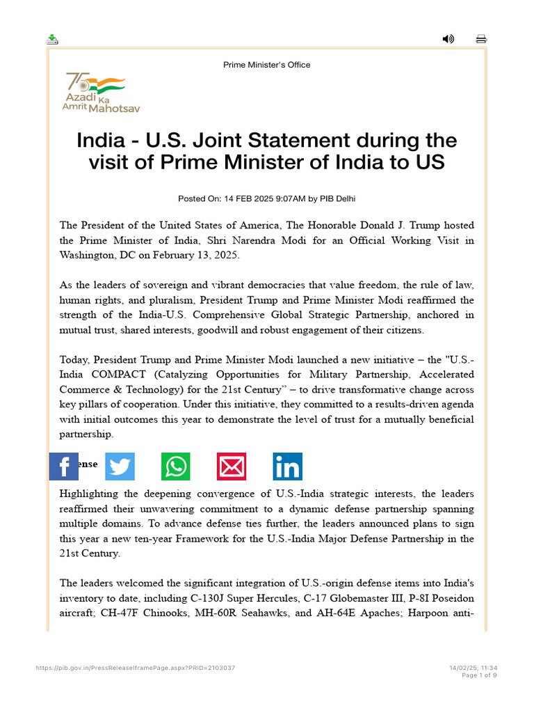 India-U.S. Joint Statement on Defense and Trade | PDF | Artificial ...