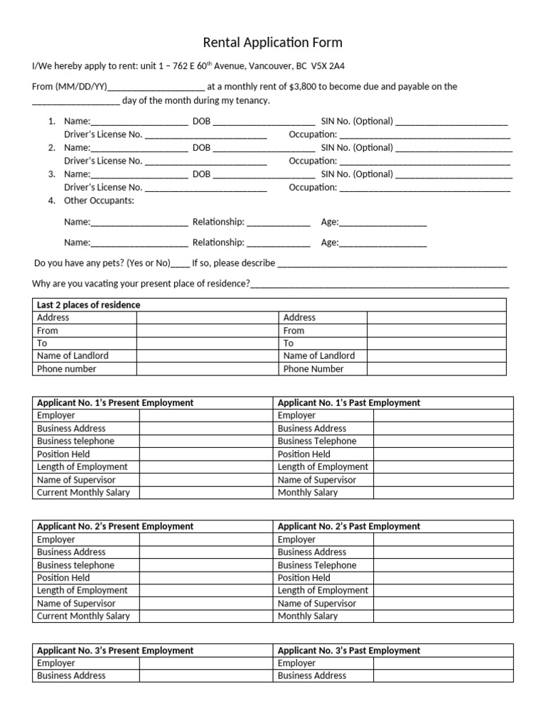Rental Application Form Template | PDF | Credit Score | Landlord