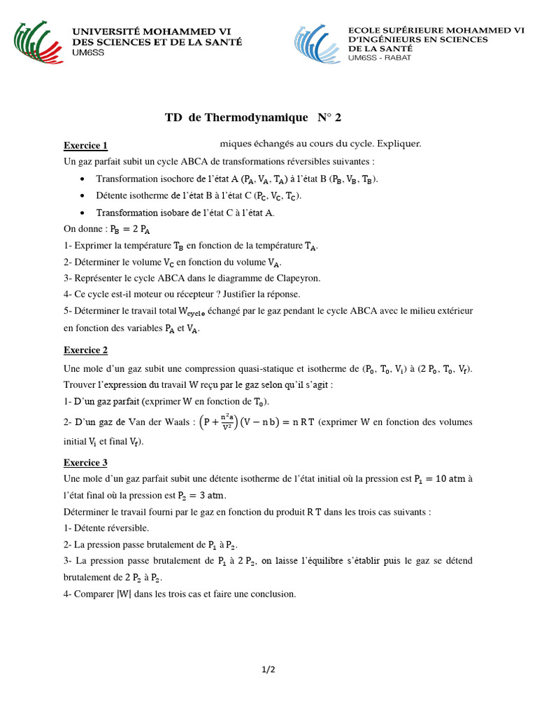 TD Thermodynamique : Cycle de Gaz Parfait | PDF | Thermodynamique ...