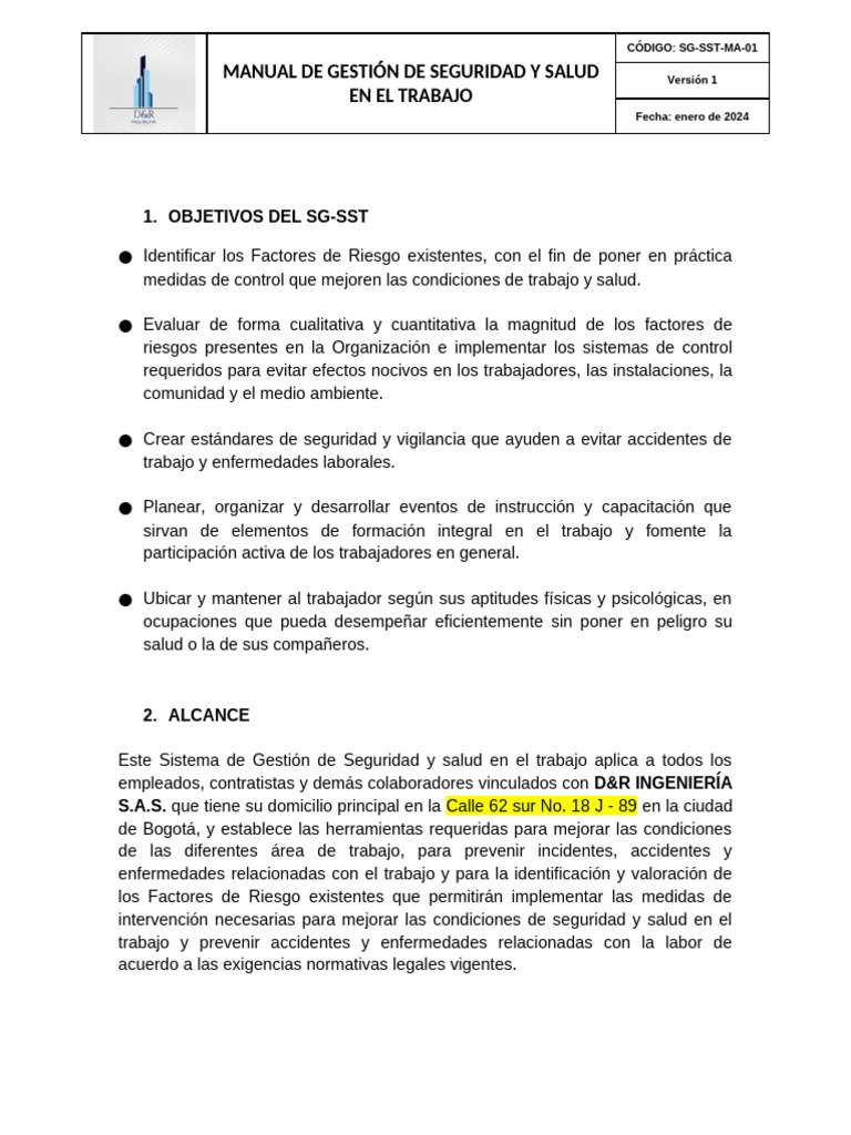 SG-SST-MA-01 Manual en Gestión de La Seguridad y Salud en El Trabajo ...