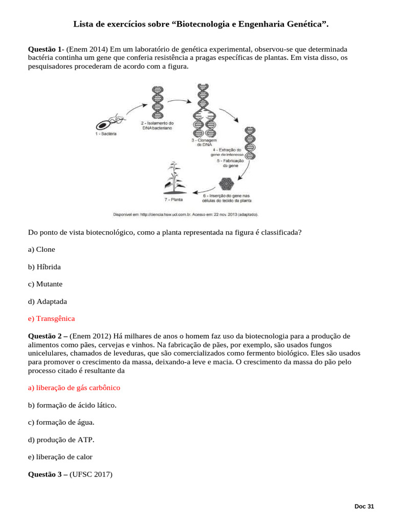 Exercícios de Biotecnologia e Engenharia Genética | PDF | Biotecnologia ...