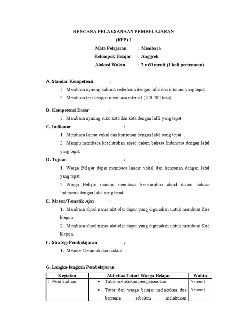 RPP Membaca Kue Klepon | PDF