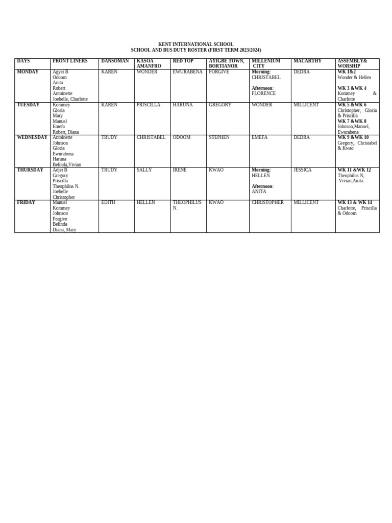 Kis Bus Duty Roster 2023/2024 | PDF