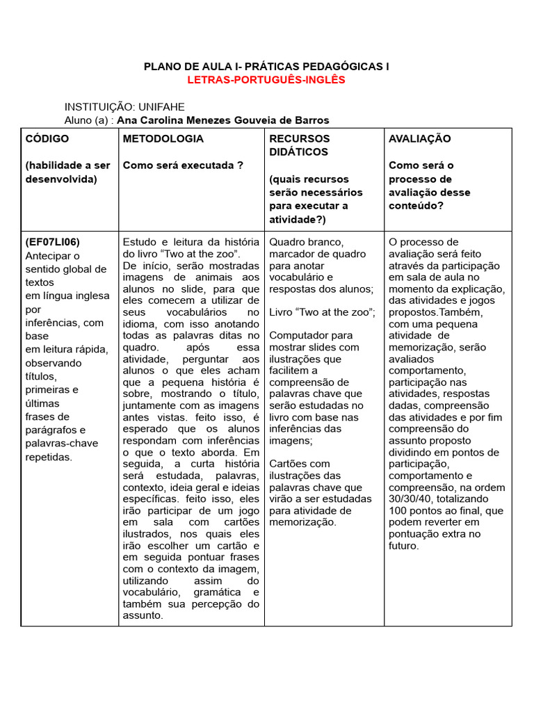 Plano de Aula: Práticas Pedagógicas I | PDF | Pedagogia | Imagem