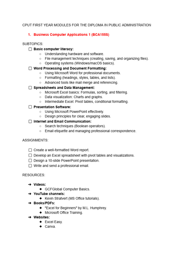 CPUT First Year Public Admin Modules | PDF | Microsoft Excel | Computing