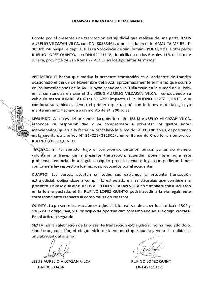 Transaccion Extrajudicial Simple 5 | PDF