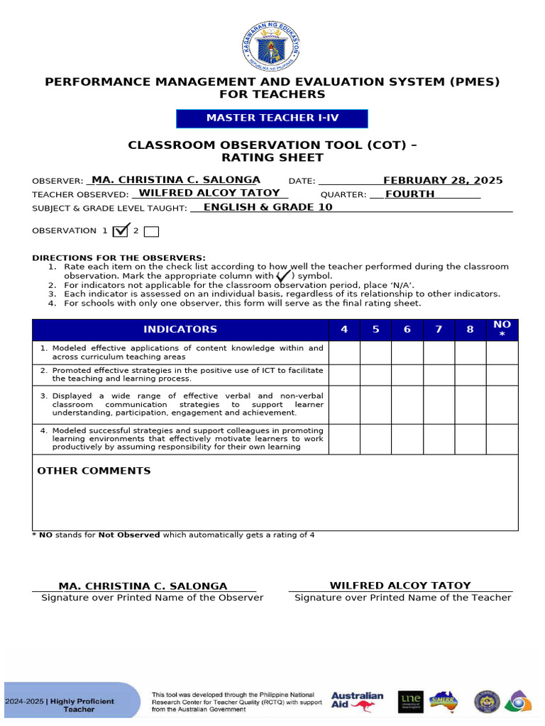 PMES Classroom Observation Rating Sheet | PDF