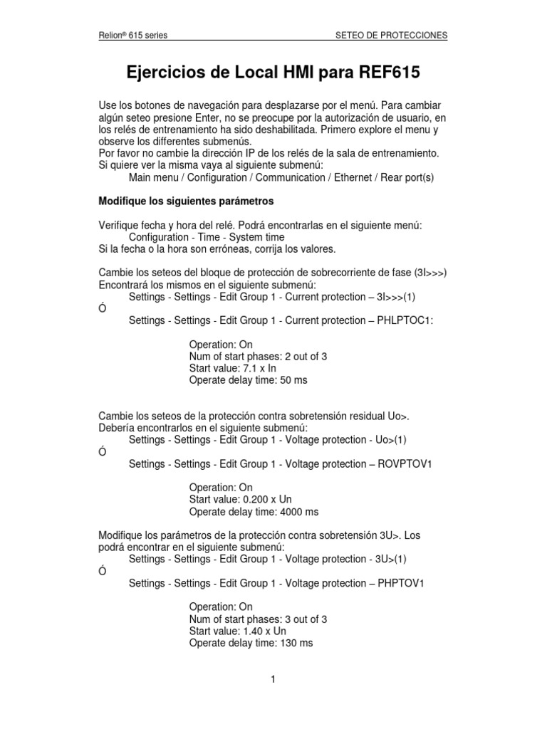 01-REF615_LHMI_exercise_v2.0_spanish | PDF | Relé | Cambiar