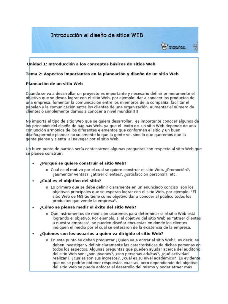 Tema 2 Aspectos Importantes en La Planeaci+ N y Dise+ o de Un Sitio Web ...