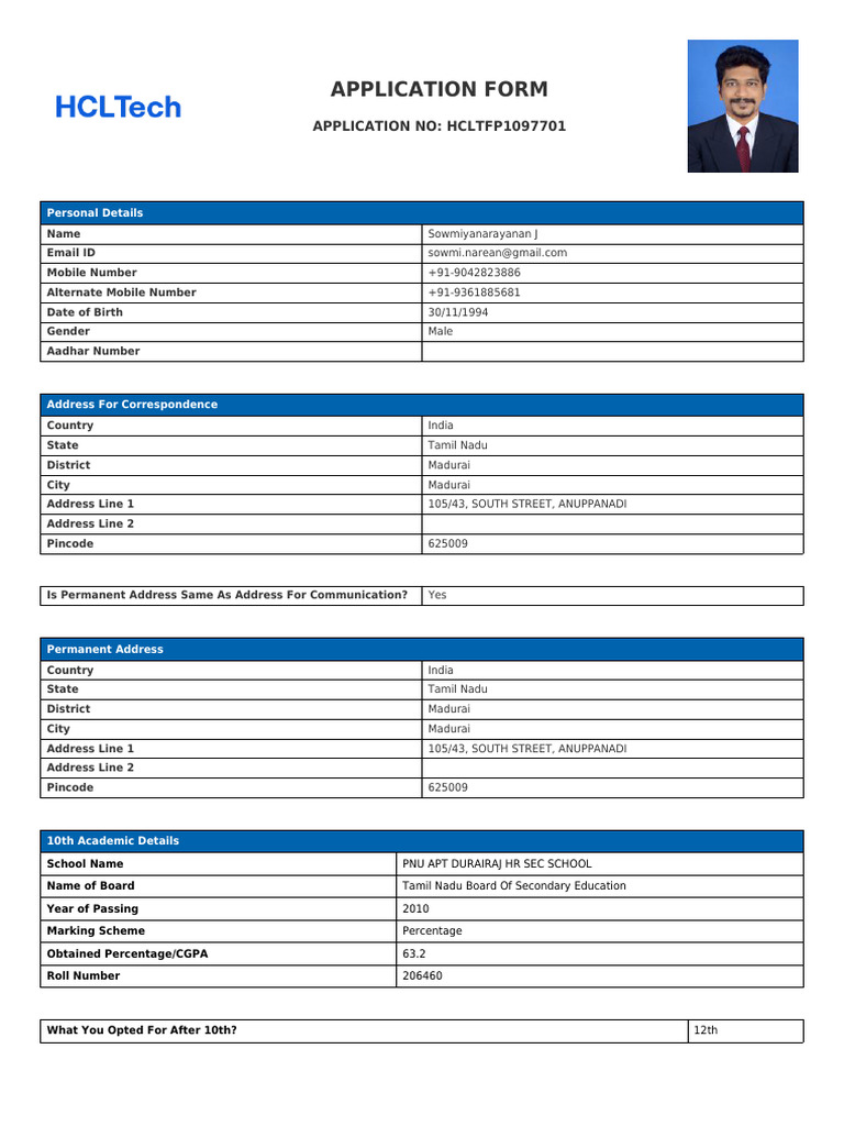 HCLTech Application Form Details | PDF