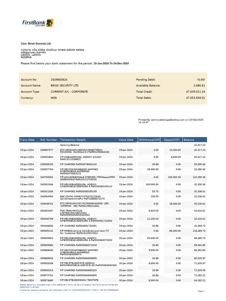 Brisk Security Ltd Bank Statement 2024 | PDF | Debits And Credits ...