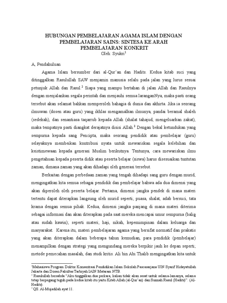 Sintesis Agama Islam dan Sains dalam Pembelajaran | PDF