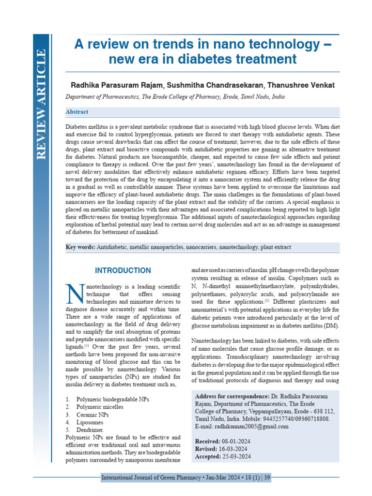 Nanotechnology Advances in Diabetes Treatment | PDF | Liposome | Diabetes