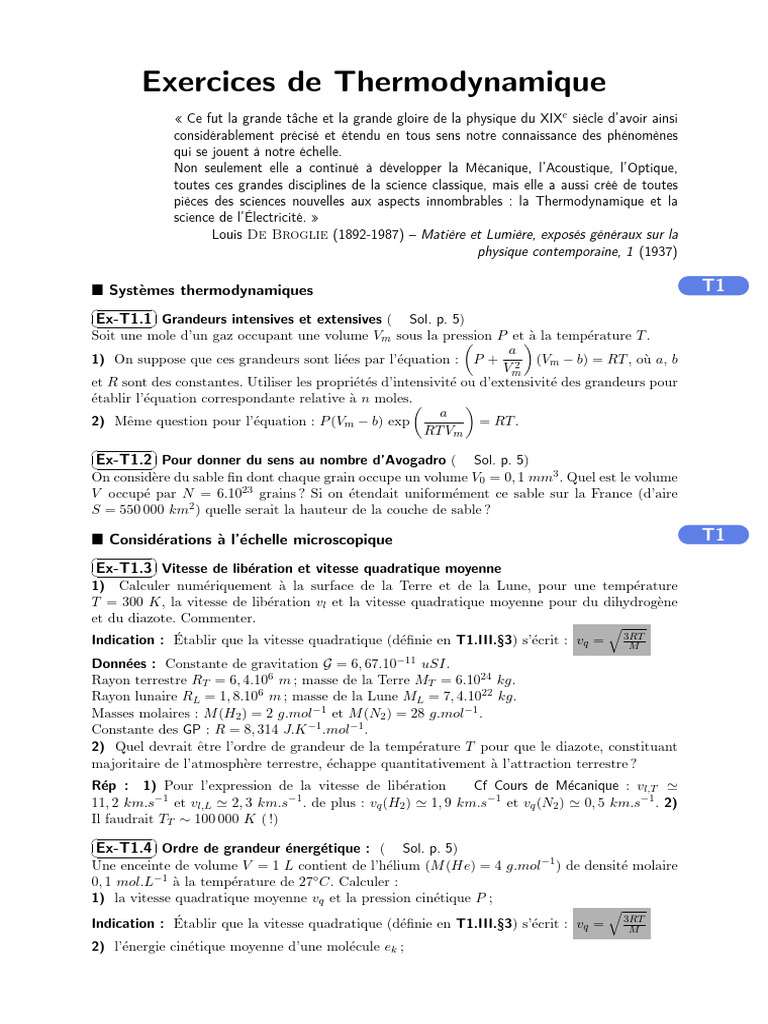 Exercices de Thermodynamique et Gaz Parfaits | PDF | Pression ...