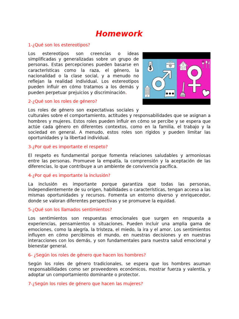 Homework Roles y Estereotipos de Género | PDF | Estereotipos | Estudios ...