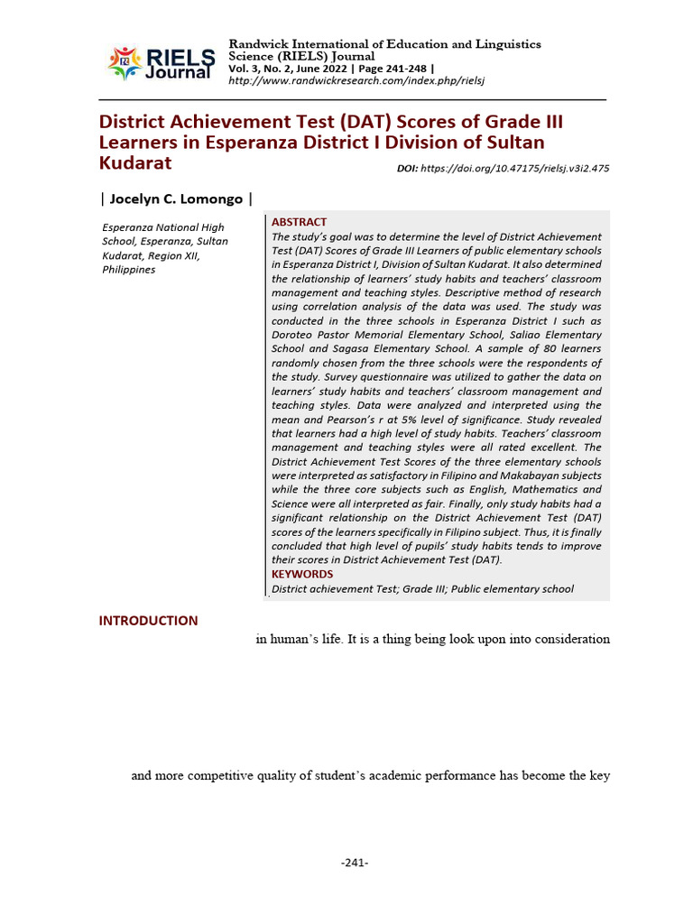 District Achievement Test DAT Scores of Grade III | PDF | Teachers ...