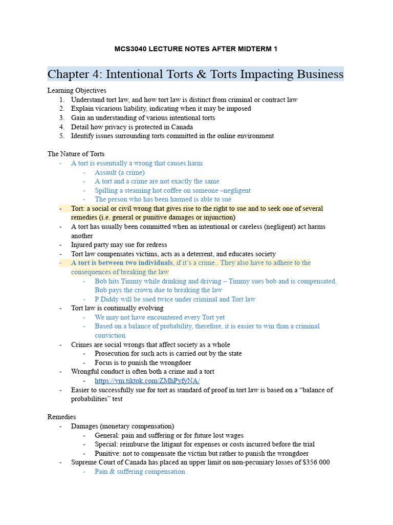 MCS3040 Torts and Business Law Overview | PDF | Tort | Defamation
