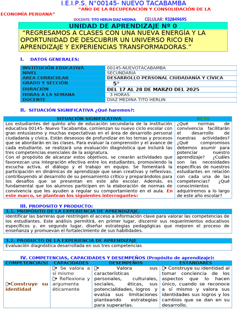Unidad 0 DPCC 5° 2025 - 113029 | PDF | Evaluación | Aprendizaje