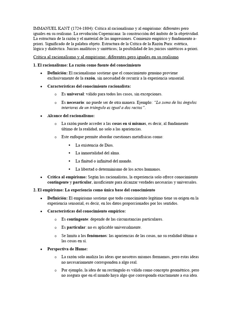 Crítica de Kant al Racionalismo y Empirismo | PDF | Immanuel Kant | A ...