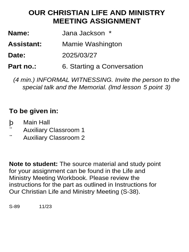 March 2025 Assignment Slips Jana Jackson | PDF