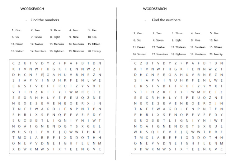04 - Numbers Wordsearch 1 To 20 Revision | PDF