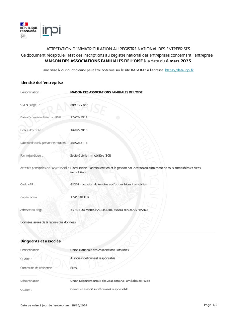 Attestation d'immatriculation RNE | PDF