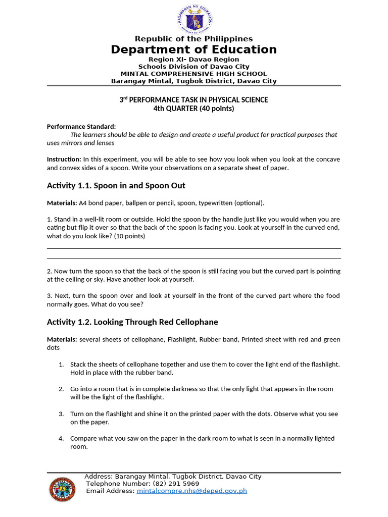 Physical Science Performance Task Guide | PDF | Experiment | Observation
