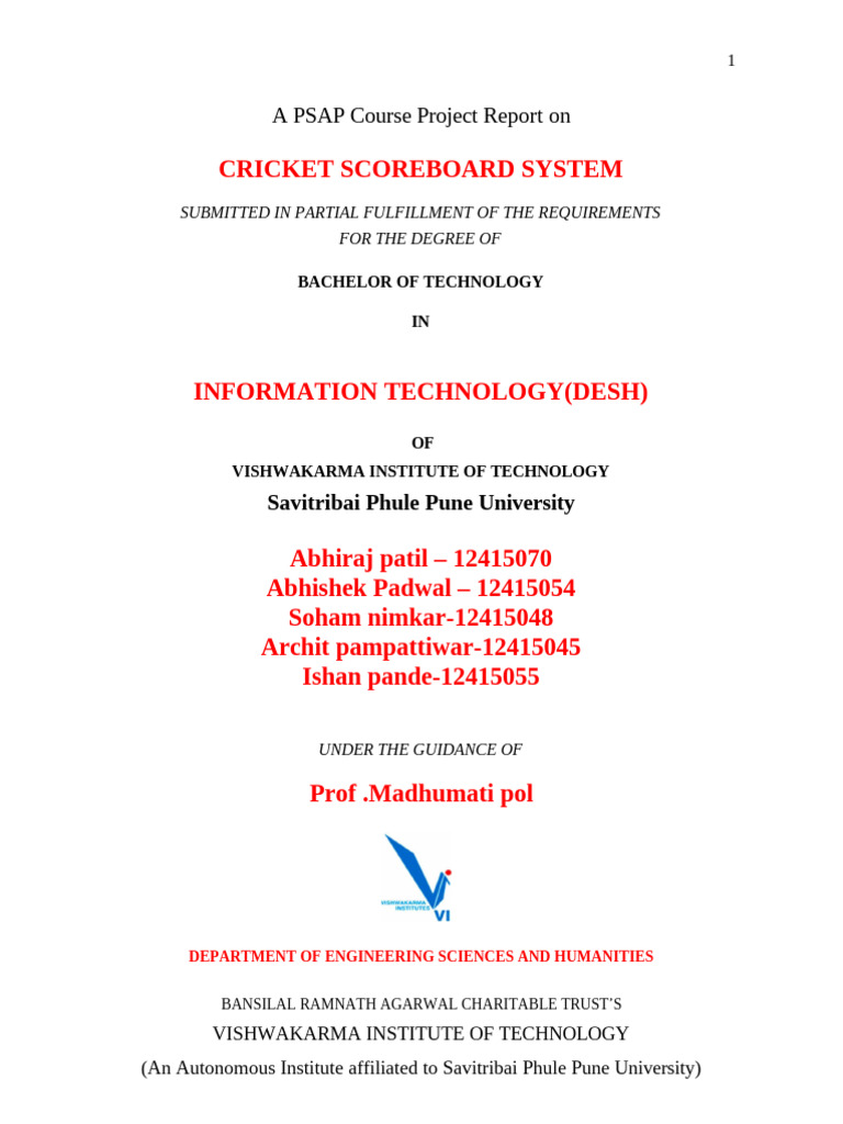 Cricket Scoreboard System Project Report | PDF | Computer Programming ...