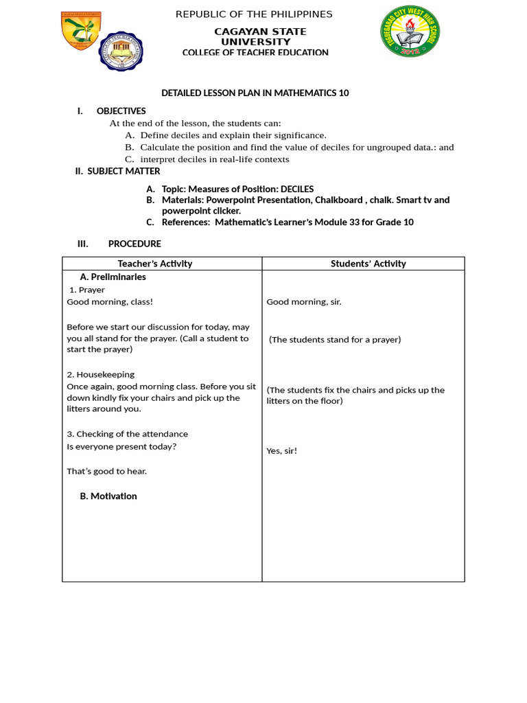 Deciles in Mathematics 10 Lesson Plan | PDF