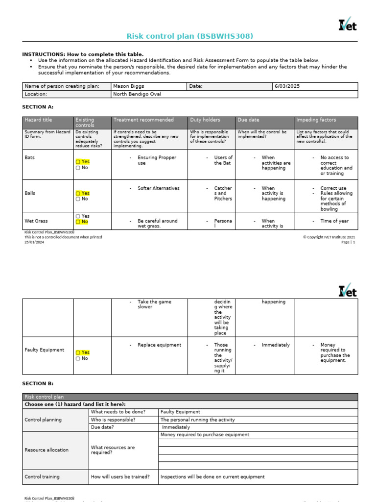 Risk Control SOFTBALL + TEMPLATE | PDF | Risk | Safety