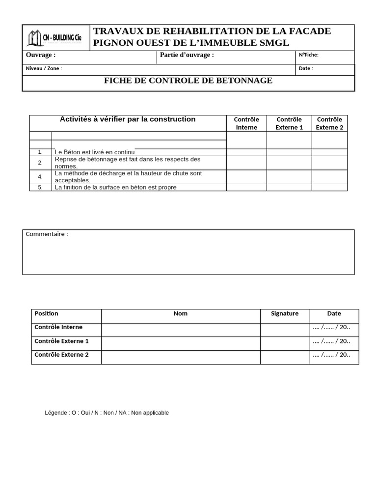Fiche de contrôle bétonnage SMGL | PDF
