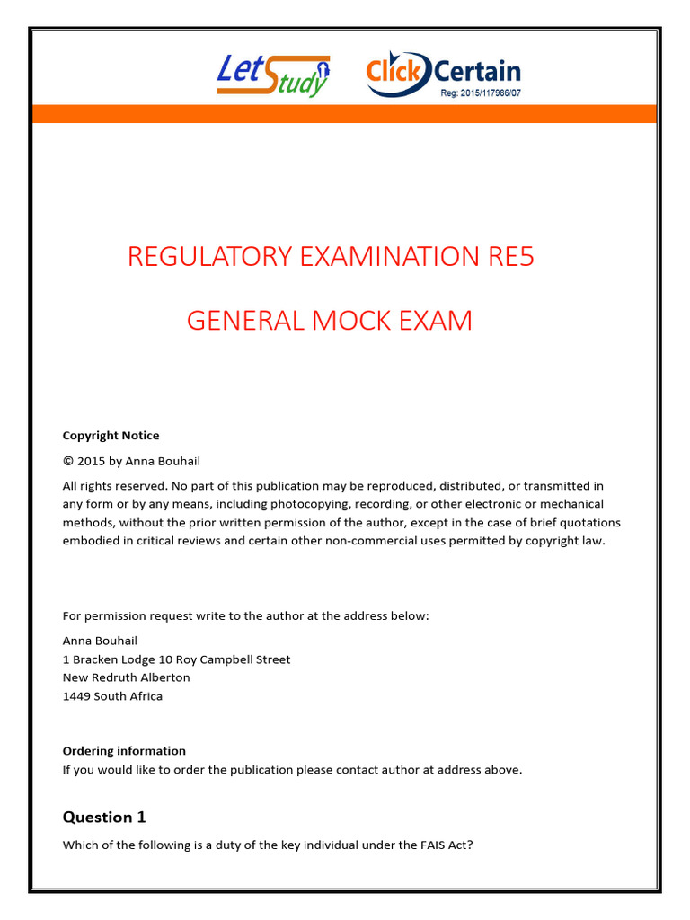 RE5 Mock Exam Questions and Answers | PDF | Regulatory Compliance ...