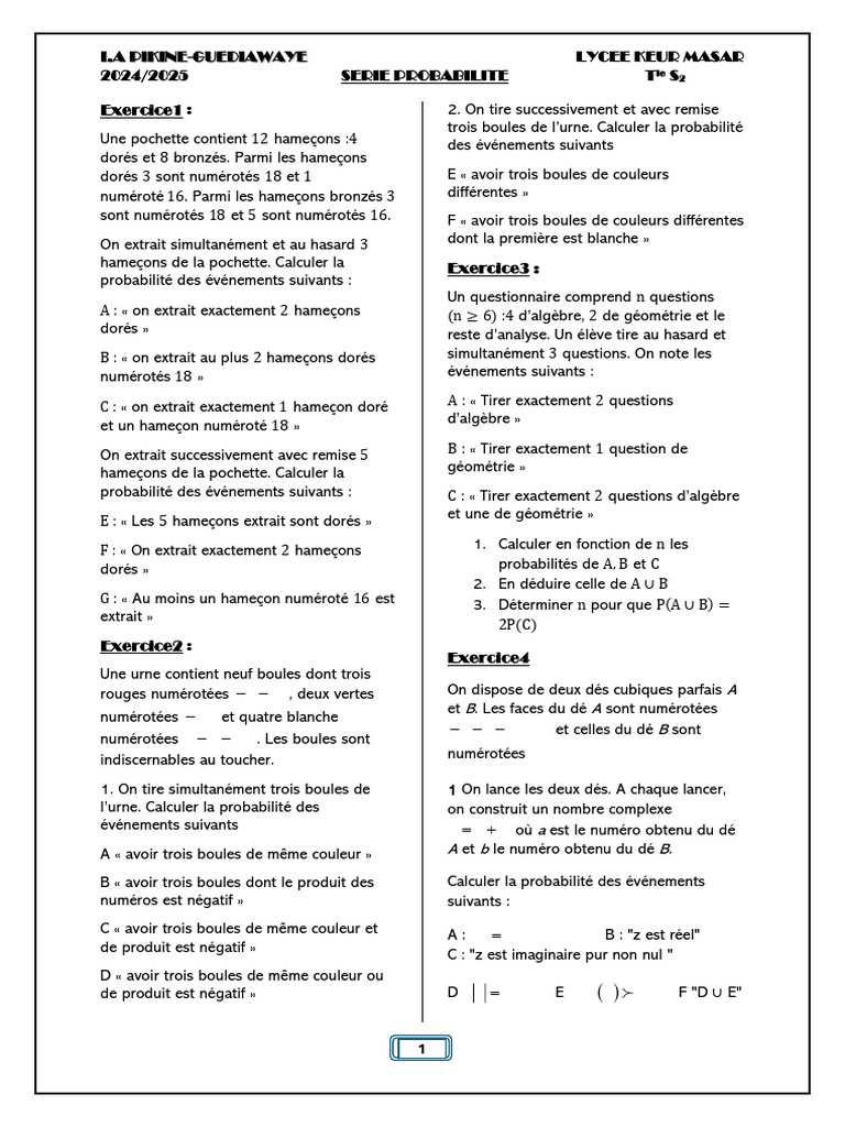 td proba TS2 2025 | PDF | Probabilité | Espérance mathématique