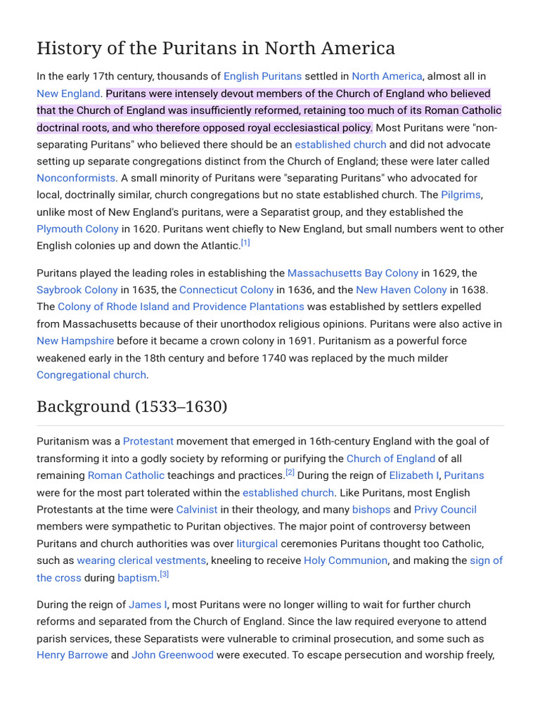 History of The Puritans in North America - Wikipedia | PDF | Puritans ...