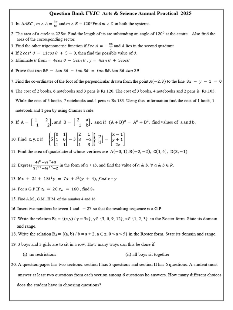 Question Bank FYJC Arts & Science Annual Practical - 2025 | PDF ...
