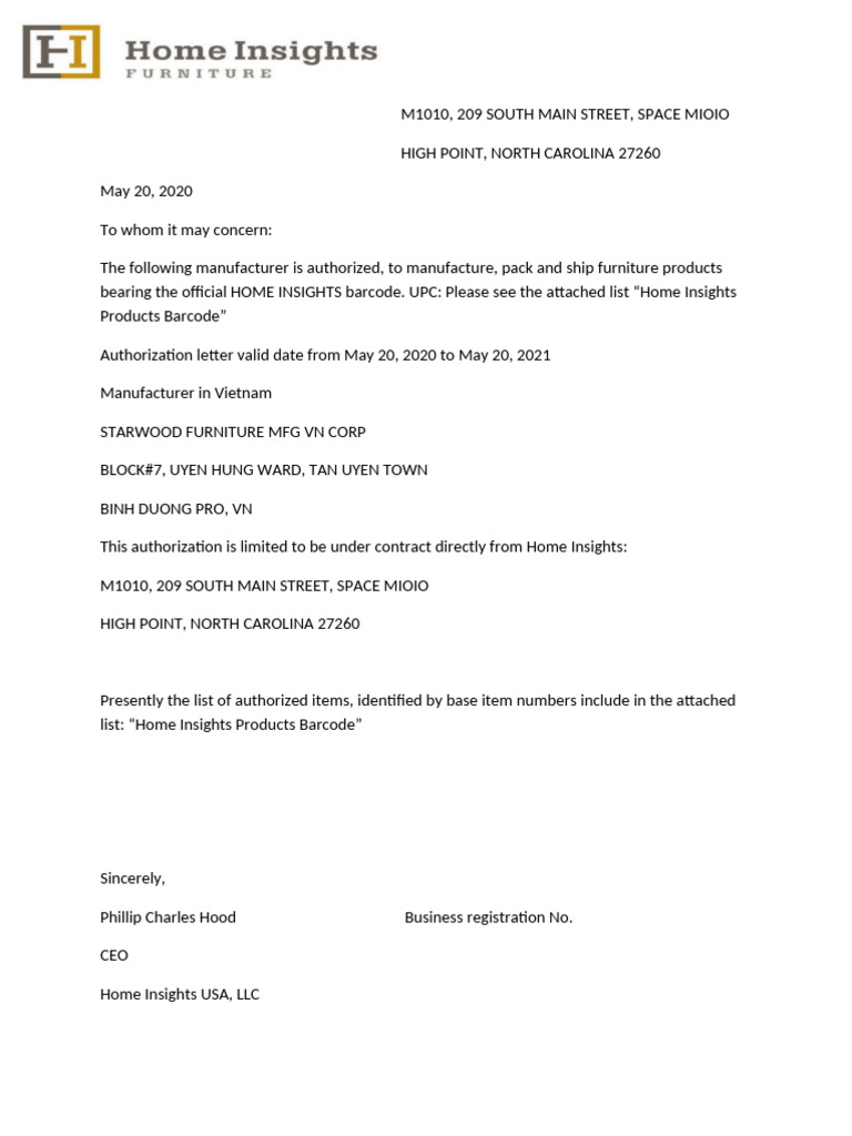 Home Insights Authorization Letter For Using Barcode May 20th | PDF