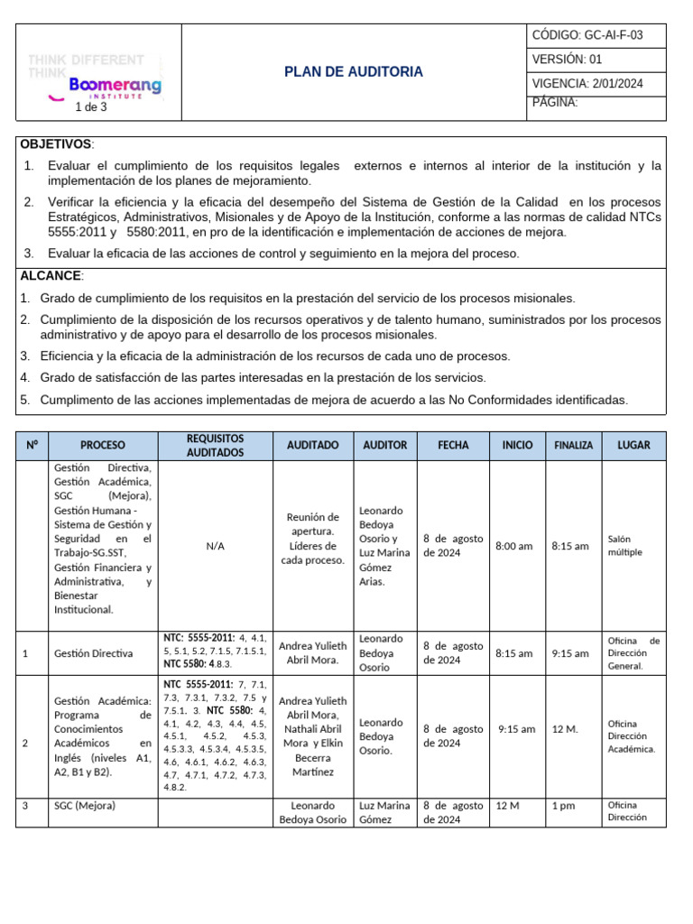 Plan de Auditoría de Calidad 2024 | PDF | Sistema de manejo de calidad ...