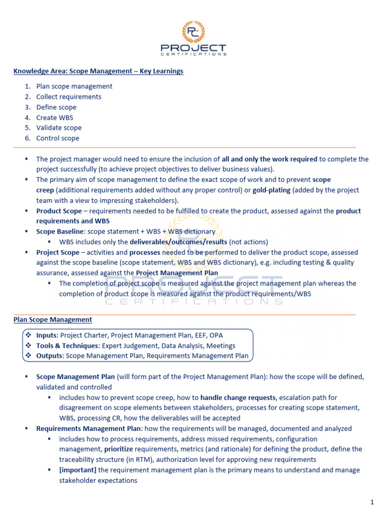 Scope Management Key Learnings | PDF | Project Management | Business