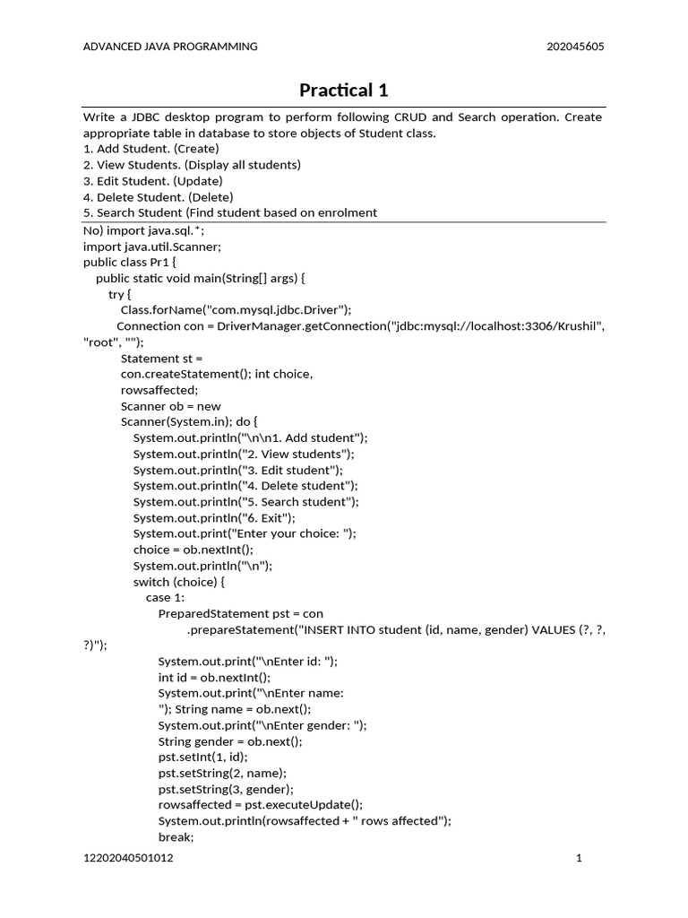 JDBC CRUD Operations for Students | PDF | Software Engineering | Sql