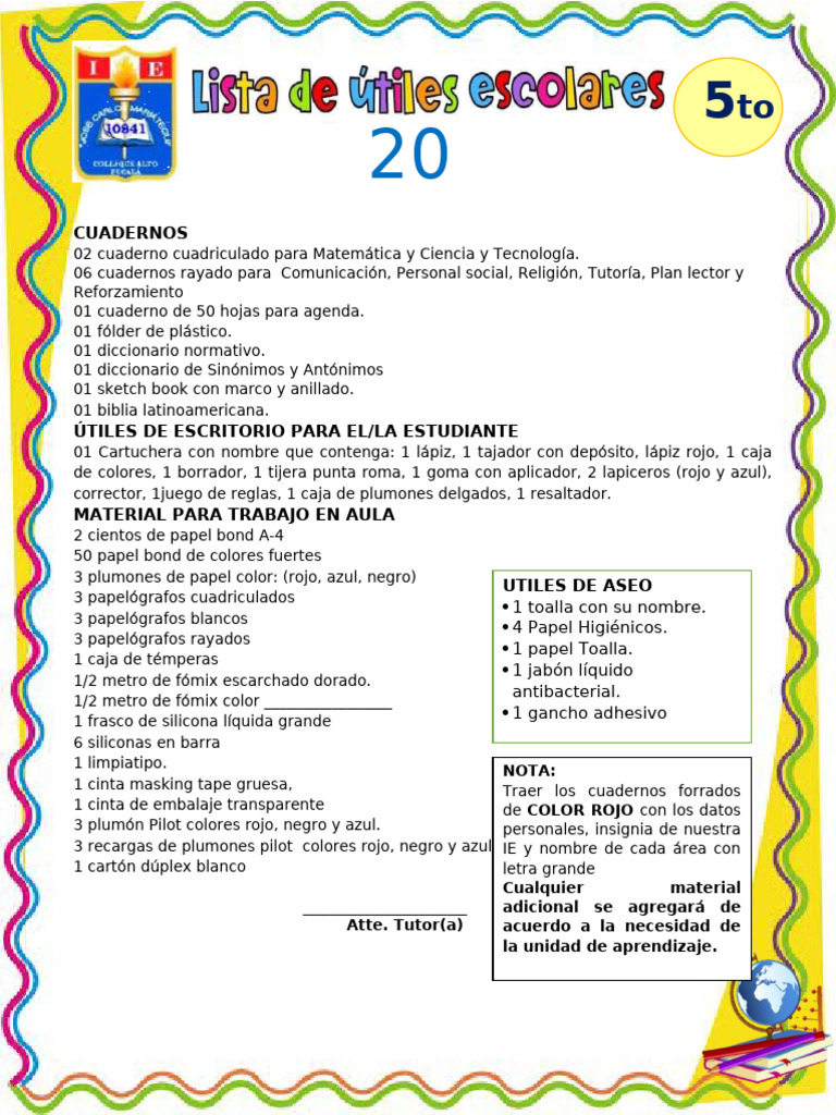 Lista de Útiles Escolares para 5to Grado | PDF | Materiales