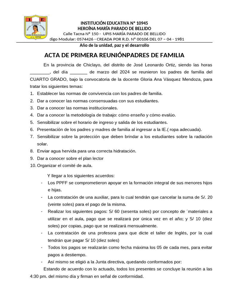 Acta de Acuerdos Tomados en El Aula I Jornada de Padres de Familia | PDF
