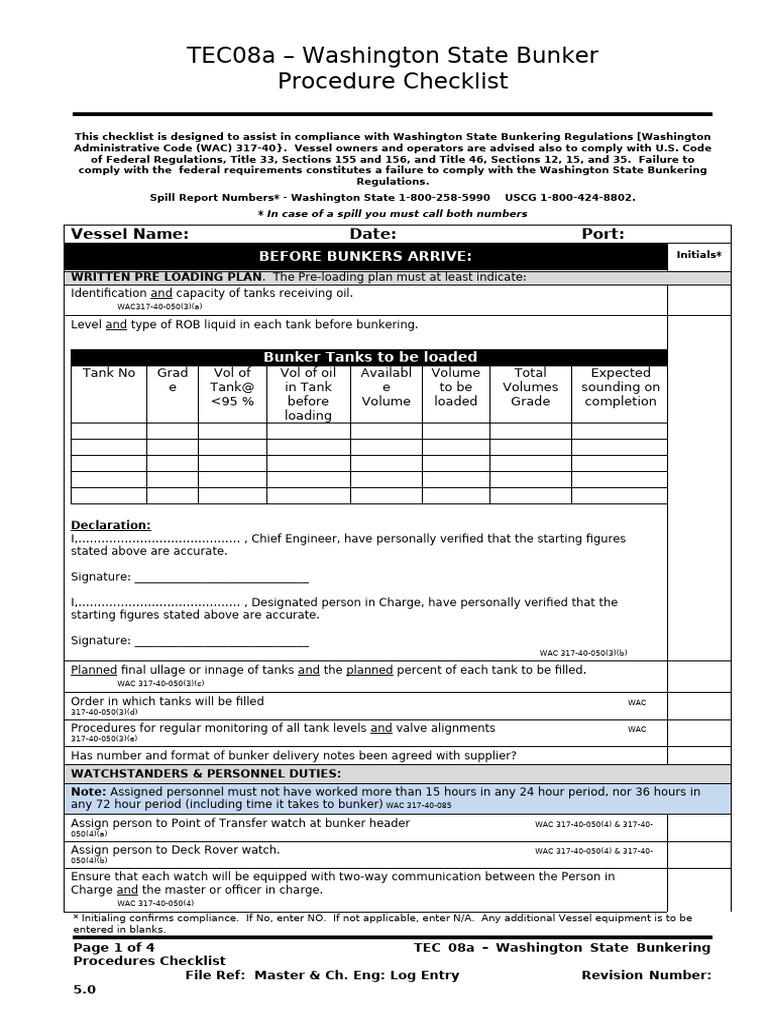 Washington State Bunkering Checklist | PDF