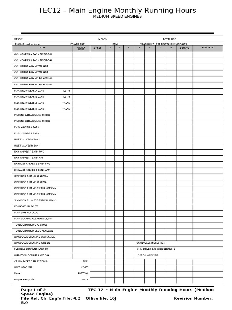 TEC12 Monthly Engine Running Hours | PDF | Engines | Piston