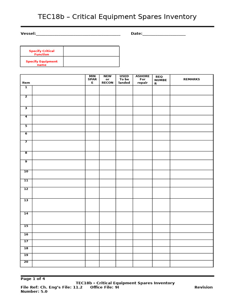 Critical Spare Parts Inventory List | PDF | Shipping | Water Transport