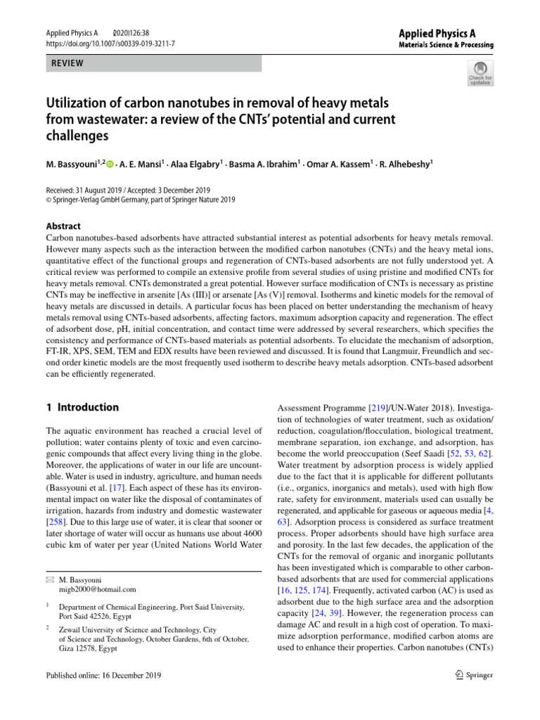 Utilization of Carbon Nanotubes in Removal of Heavy Metals From ...