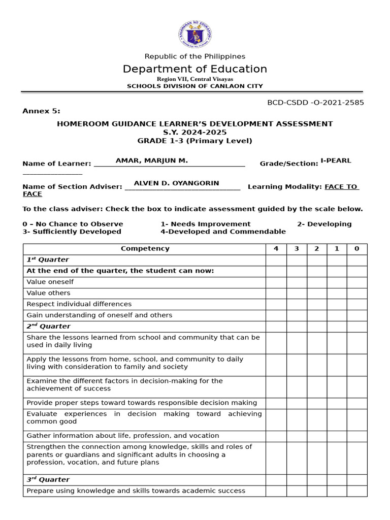 Homeroom Guidance Assessment Grades 1-3 | PDF | Learning | Decision Making