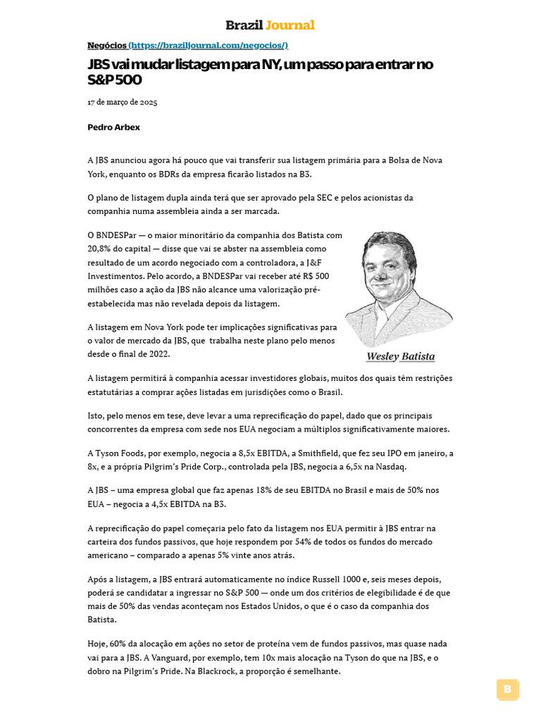 JBS Muda Listagem para NYSE e S&P 500 | PDF | Economias | Setor privado